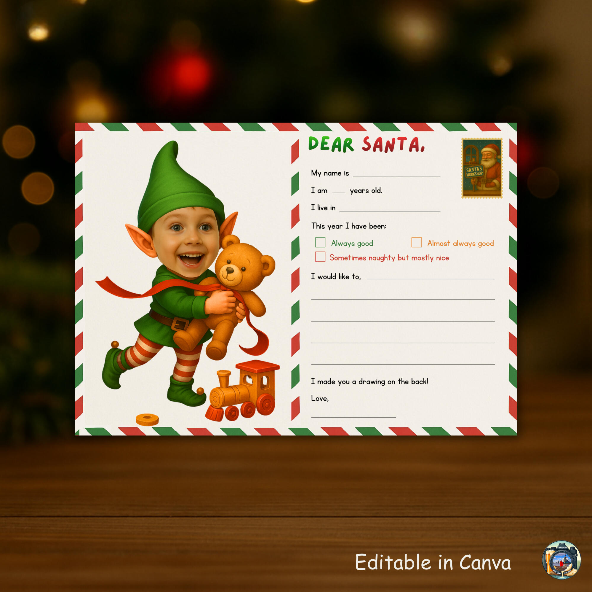Letter to Santa template for kids, printable digital.