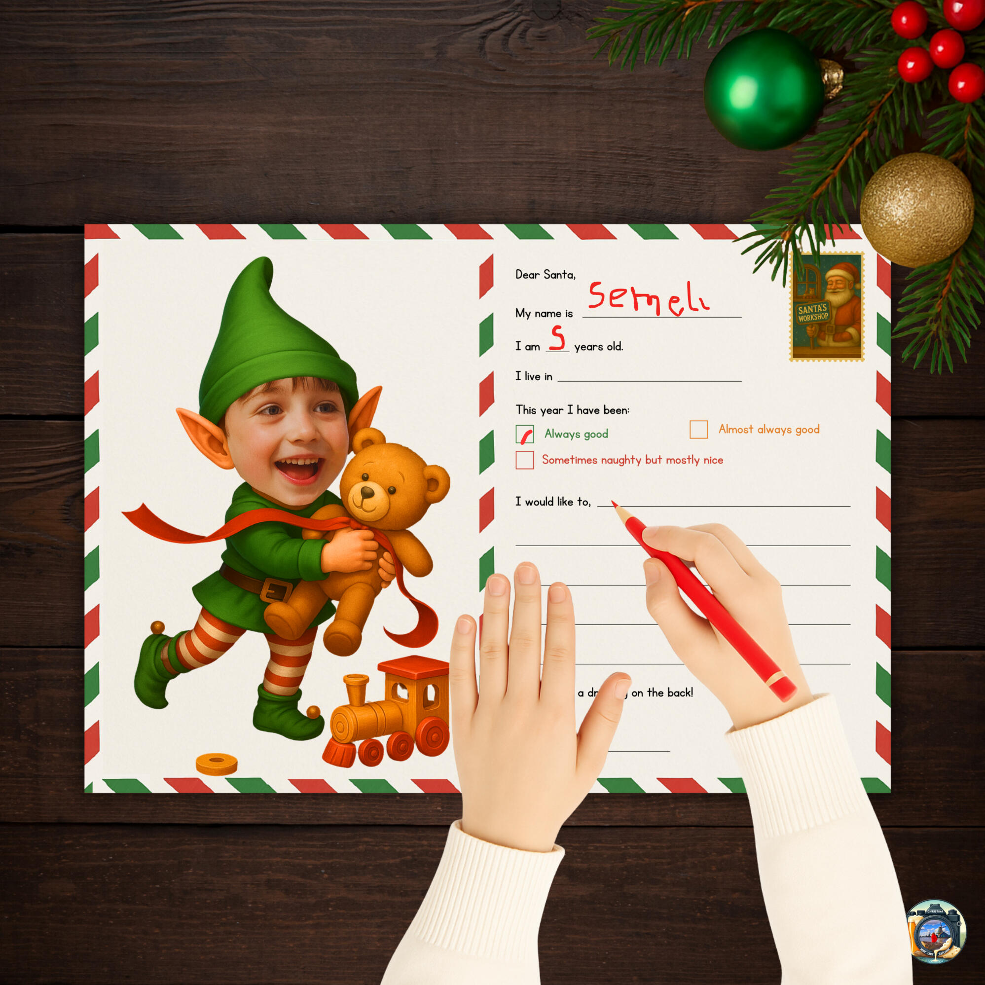 Letter to Santa template for kids, printable digital.