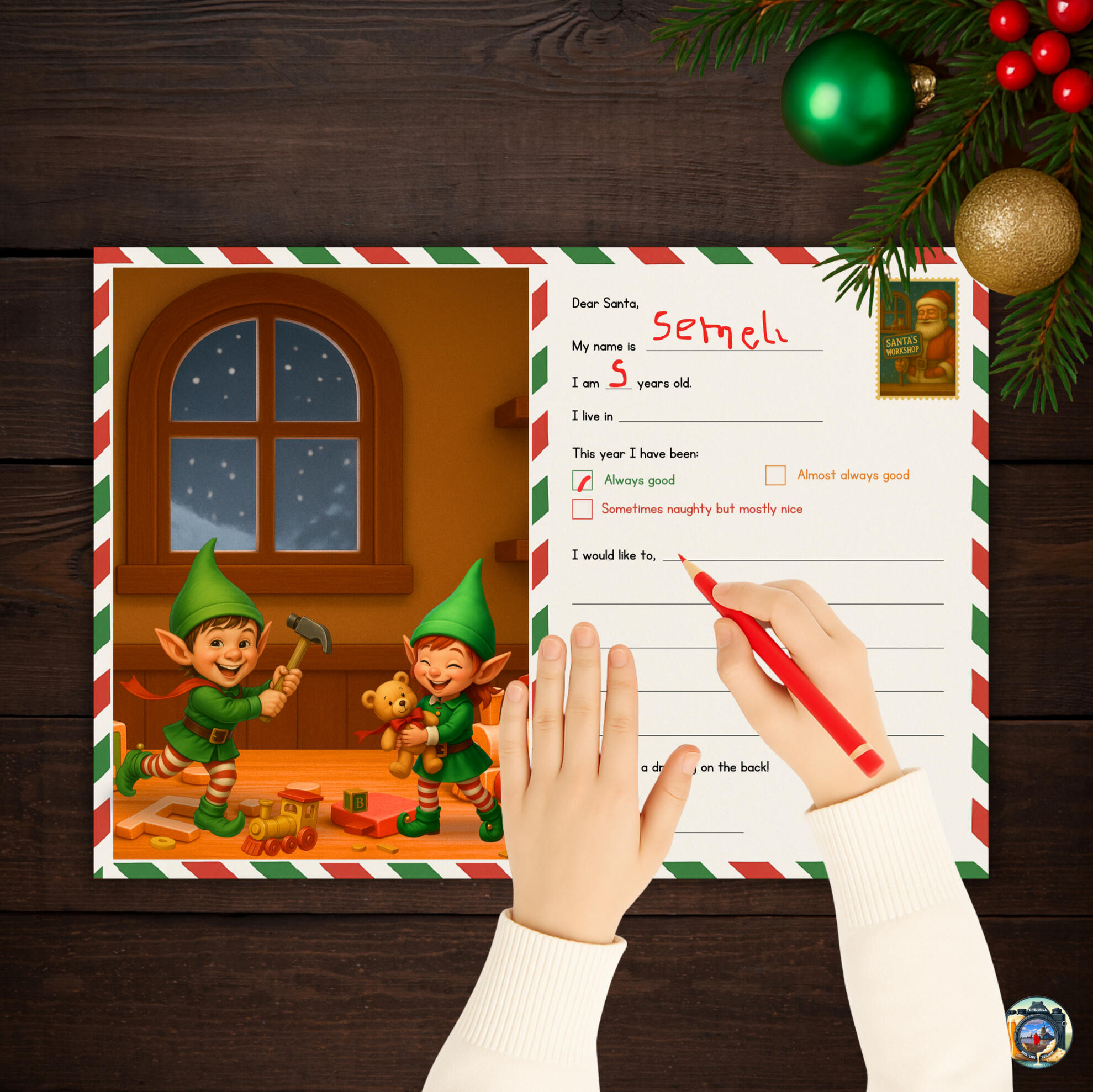 Letter to Santa template for kids, printable digital.