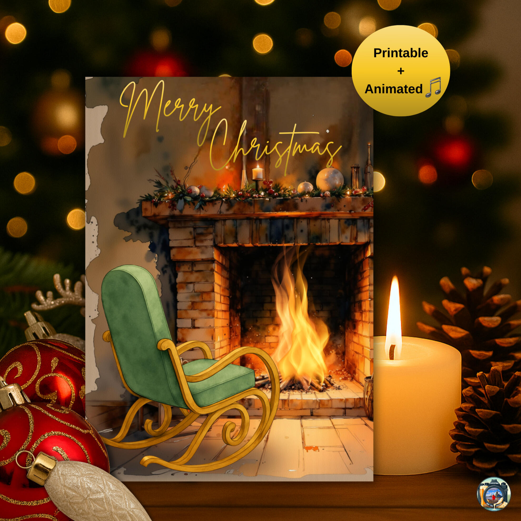 Christmas fireplace card template, printable digital animated holiday design.