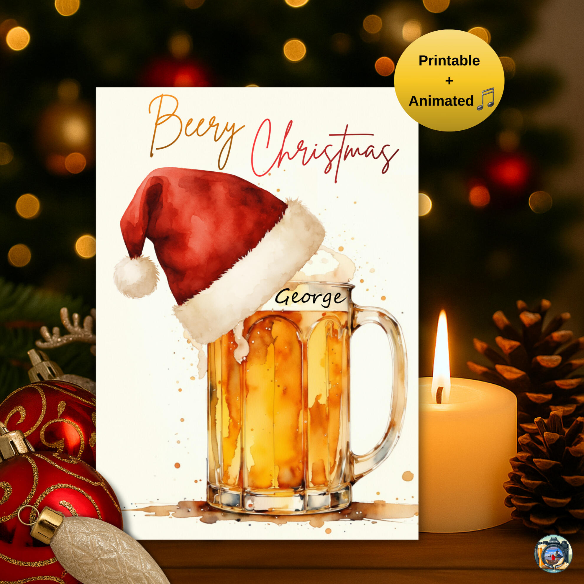 Beer-themed Christmas card template, printable digital animated holiday design.