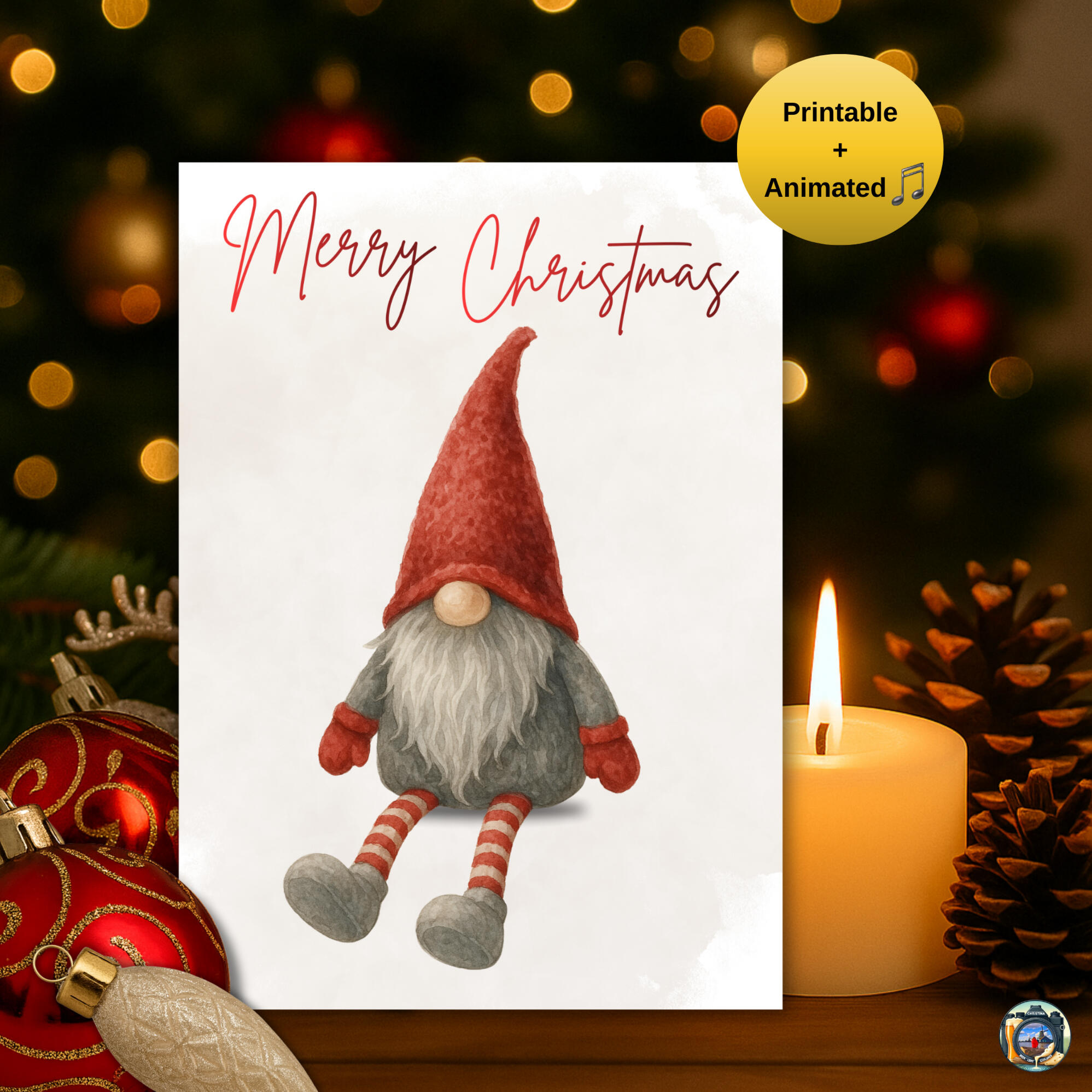 Gnome Christmas card template, printable digital animated holiday design.