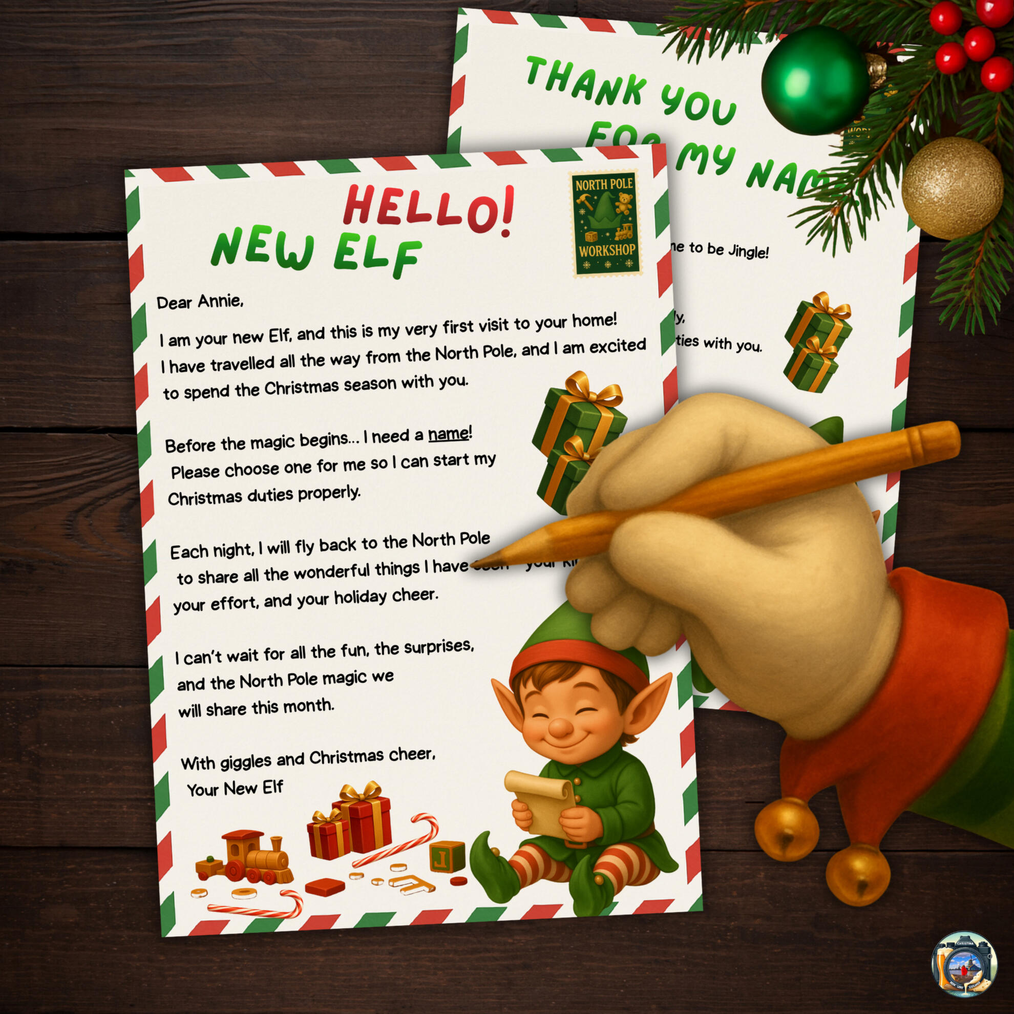 Elf arrival letter template for kids, printable digital animated Christmas note.