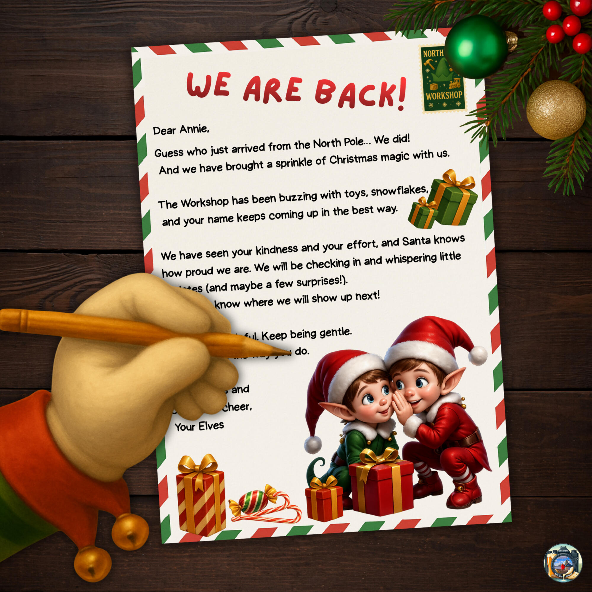 Elf return letter template, printable digital animated Christmas design.