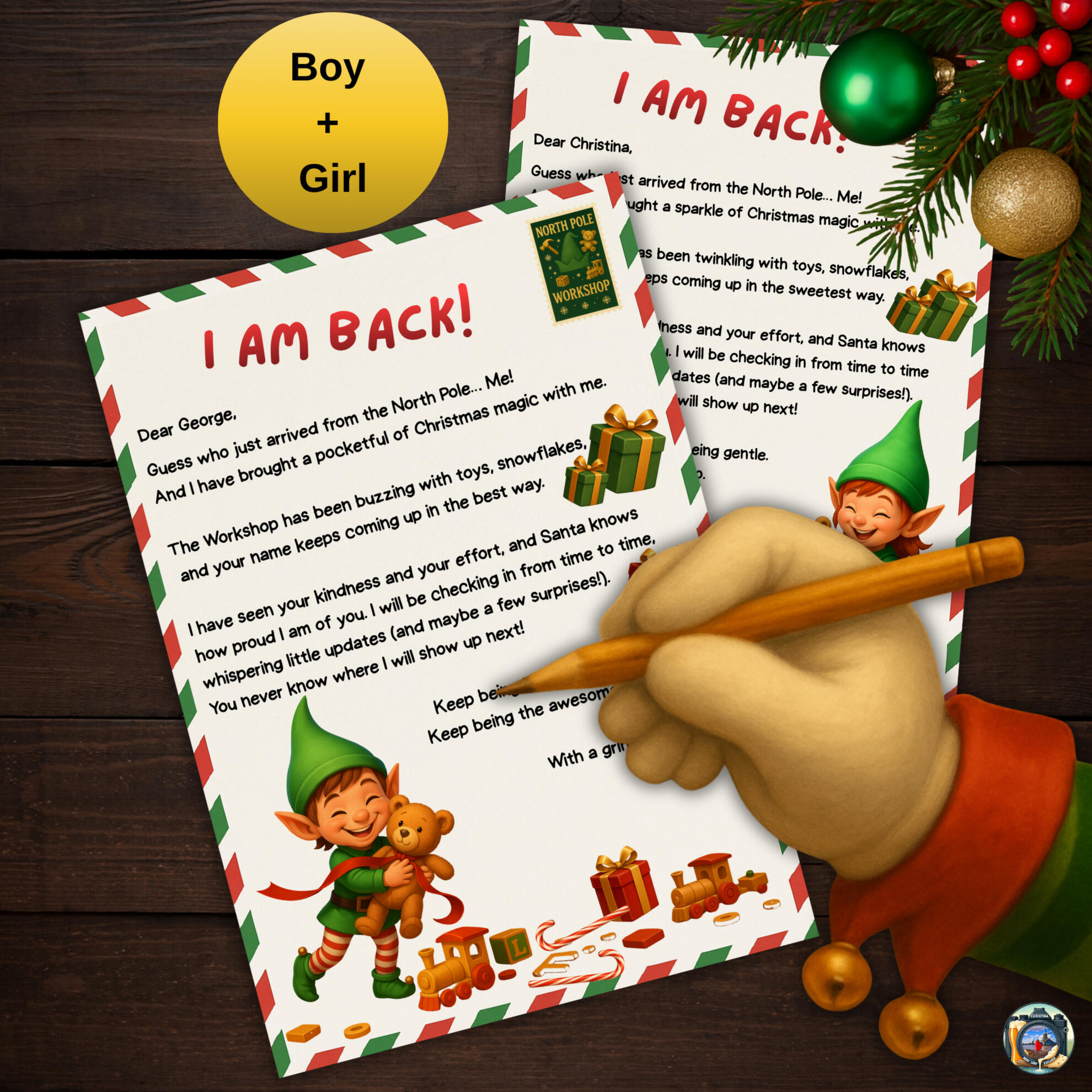 Elf arrival and I'm Back letter template, printable digital animated Christmas design.