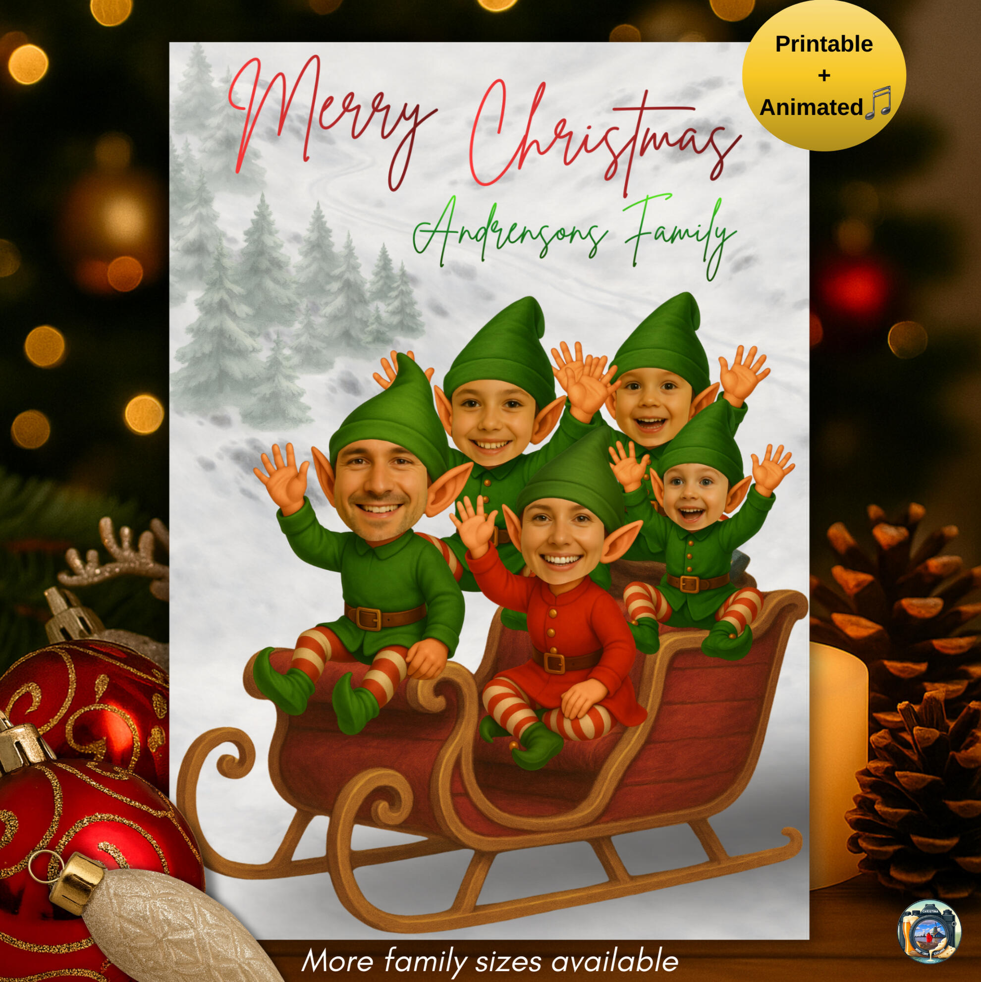 Elf family Christmas card template with photo option, printable digital animated.