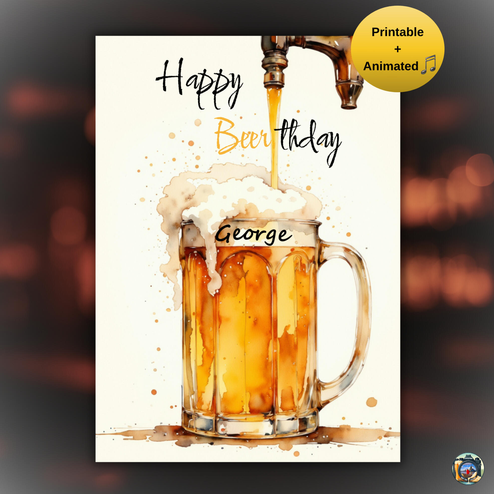 Beer-themed birthday card template, printable digital animated.