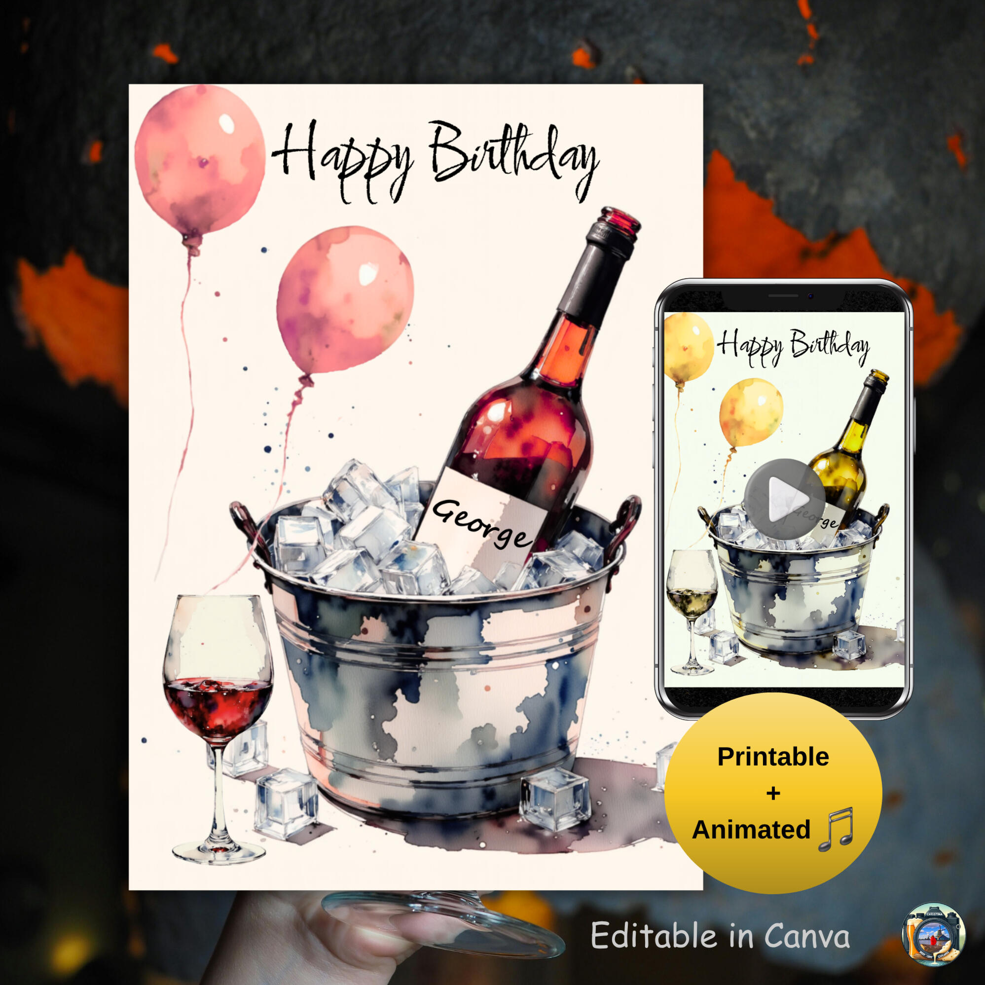 Wine birthday card template, printable digital animated.