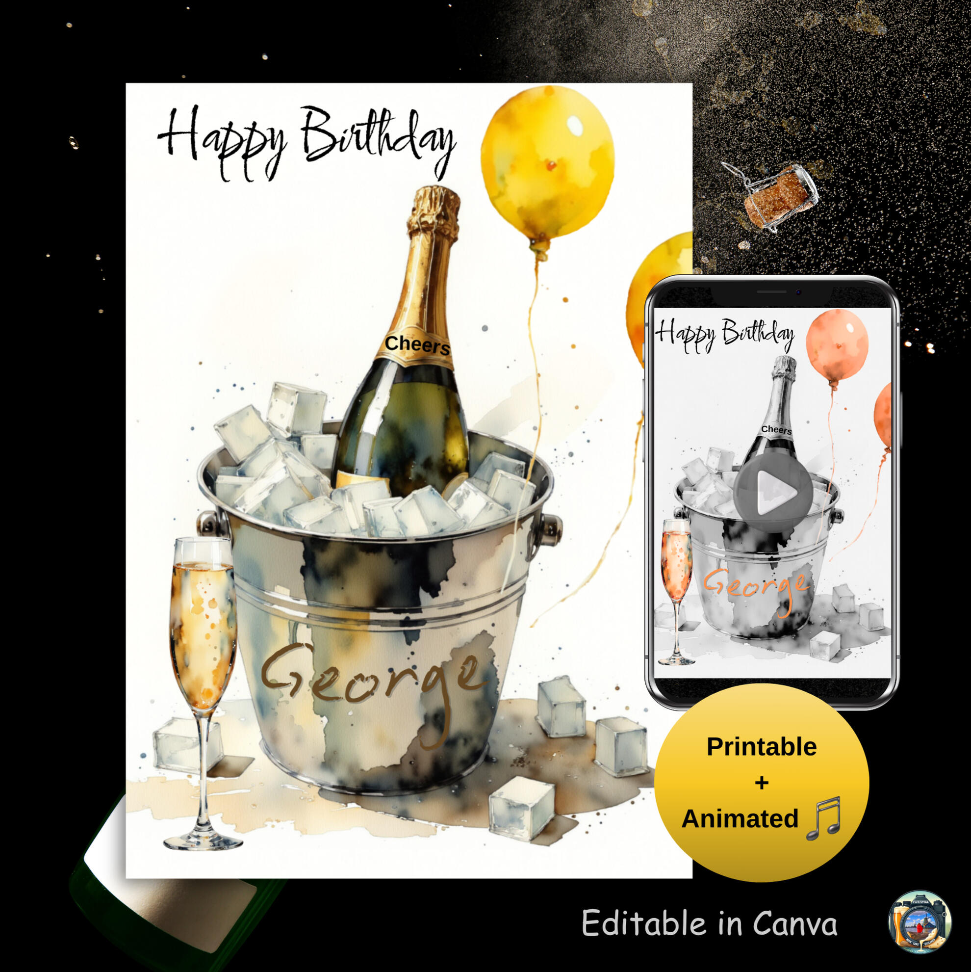 Champagne birthday card template, printable digital animated.