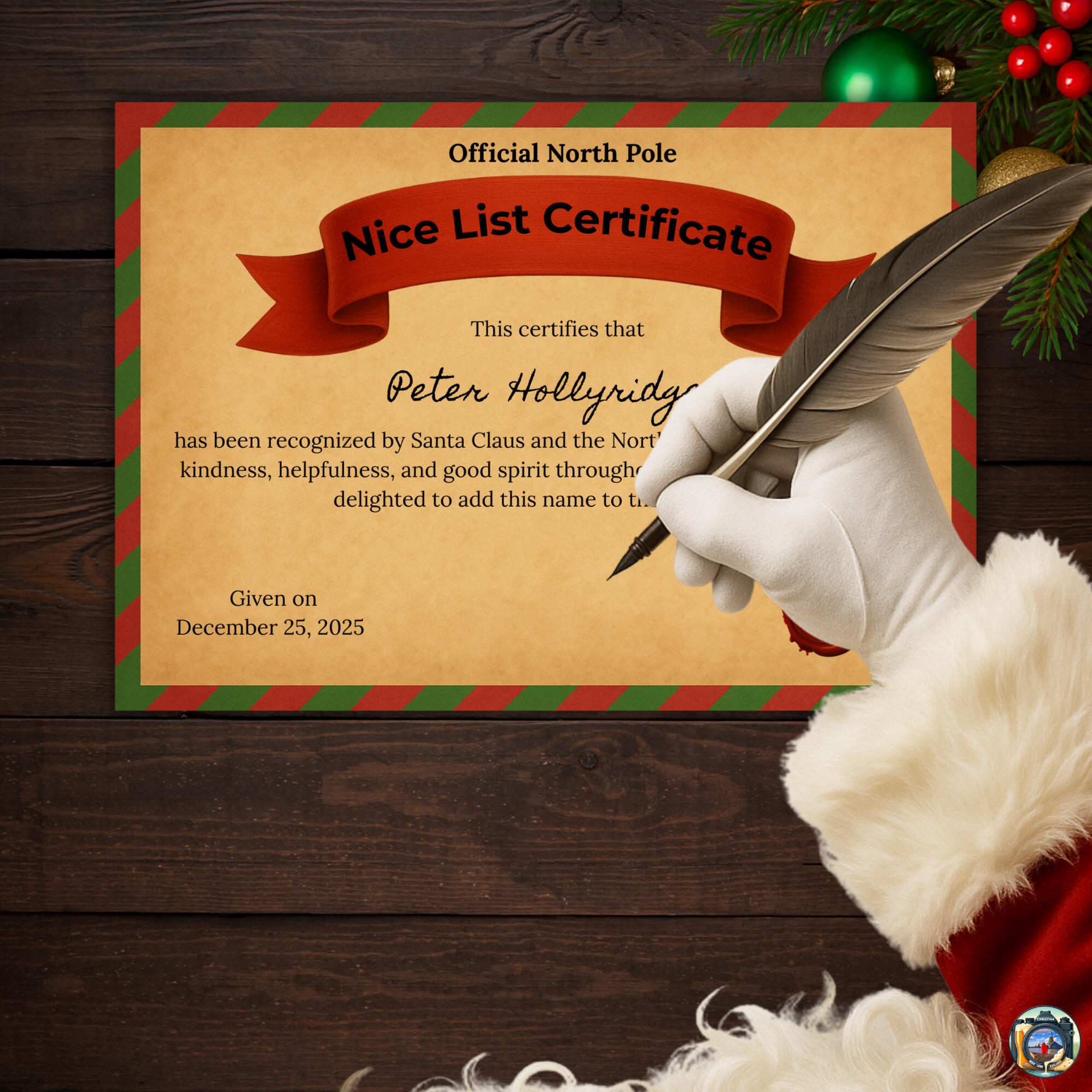 Nice List Certificate template, printable digital Christmas design.